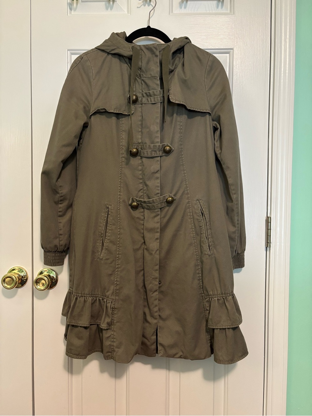 Anthropologie Idra Olive Hooded Ruffle-Hem Trench Coat